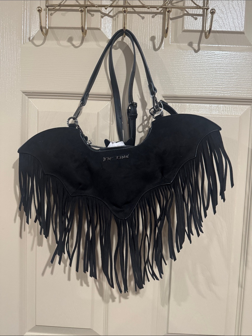 Fringe Batwing Shoulder Bag - Black